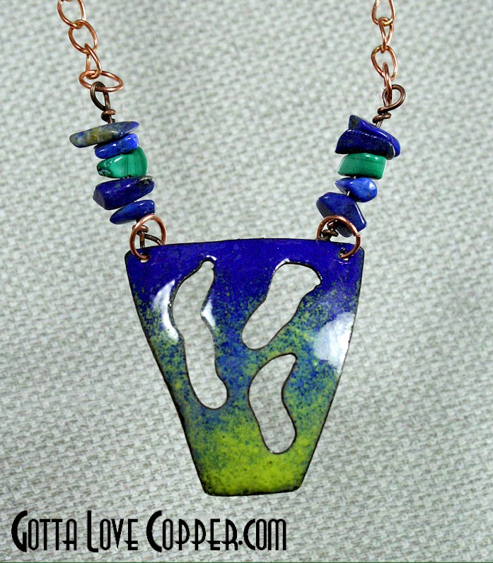 Enameled Negative-Space Copper Pendant with Malachite & Sodalite Beads