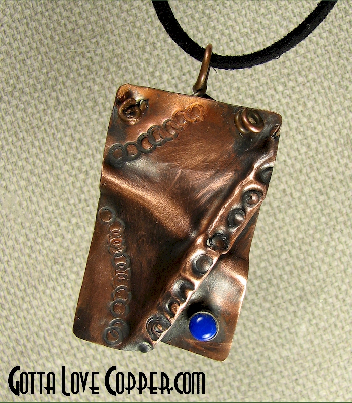 Crazy Folded Copper Pendant with Lapis Bead